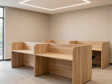 Straight-on elevation of a modern modular workstation cluster, light walnut surfaces, warm beige acoustic panels, natural light