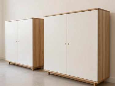 Minimalist modular office cabinets lined up against a wall, ivory white lacquer, light walnut trim, architectural lines