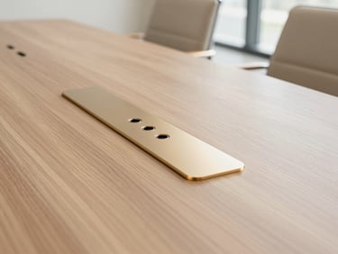 Close-up of a premium boardroom table with integrated connection hub, light walnut grain, champagne gold metal details