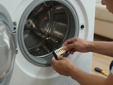 Close-up of a technician's hands removing the front panel of a Challenger washing machine, visible drum and electrical connectors, ambient indoor light, tools resting on the floor beside the unit