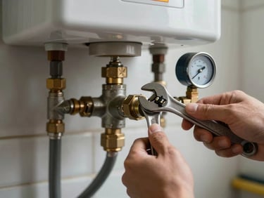 Close-up of hands using a wrench on the gas valve connection of a Challenger water heater, pipe fittings and pressure gauge visible, ambient light in a utility room