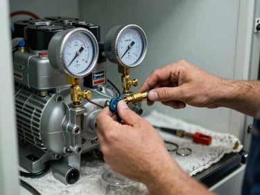 Close-up of a technician's hands connecting a refrigerant gauge to a Challenger refrigerator compressor, Challenger nameplate visible, workshop ambient lighting, tools on a nearby cloth
