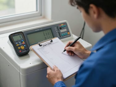 Technician in uniform running a diagnostic checklist on a Challenger appliance with a digital meter, checklist clipboard on the unit, natural light from a nearby window