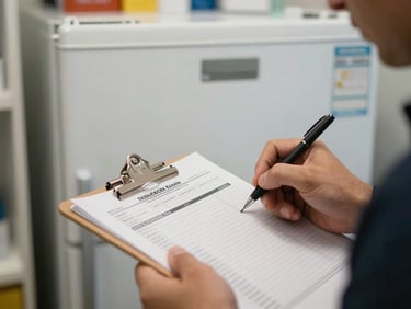 Close-up of a technician's hands filling out a service repair order on a clipboard, a Challenger appliance serial number plate visible in the background on a white refrigerator, natural indoor ambient light, no faces visible