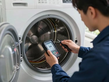 Technician in uniform inspecting the heating element of a Challenger dryer, unit open with visible drum and wiring harness, natural window light, diagnostic meter in hand