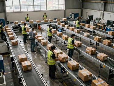 Elevated angle of a sorting area inside a distribution hub, conveyor belts with packages moving in multiple directions, workers in high-vis vests managing flow, north-facing skylight daylight illuminating the layout clearly