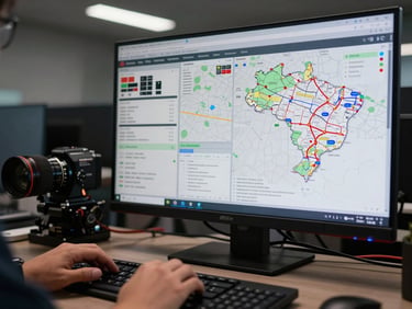 Wide shot of a logistics operations dashboard monitor showing live tracking metrics and route maps of Brazil, screen-lit in a darkened control room, operator hands resting on keyboard in foreground, sharp screen detail