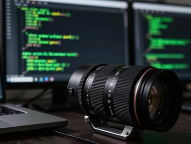 Focused professional working on code in a low-light London tech office, dramatic directional light, macro crop, 35mm.