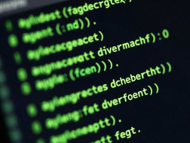 Macro close-up of a dark terminal screen displaying green code and database queries, high-contrast directional neon lighting, 35mm lens
