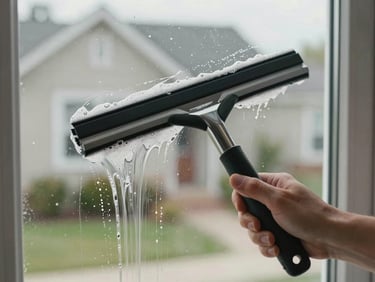 Close-up of a squeegee blade dragging across a residential window pane, soapy water trailing behind, hands visible gripping the tool, natural daylight, house exterior blurred in background