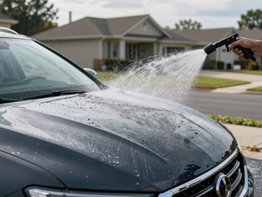 Car hood under a strong water spray in a residential driveway, water sheeting off dark paint, cleaning equipment visible beside the vehicle, overcast natural daylight, suburban house in background