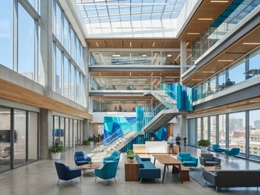 Wide environmental shot of a modern clean commercial interior with sharp architectural lines, bright natural daylight, blue and turquoise accents, 24mm lens
