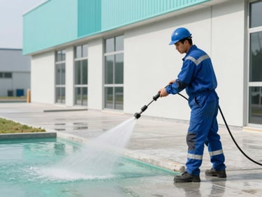 A crisp action shot of a professional worker in clean safety gear executing pressure washing on a modern commercial concrete pathway, bright natural daylight, turquoise water spray, clean lines