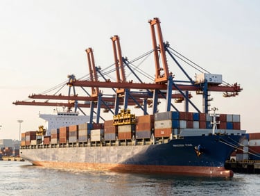 Panoramic view of a bustling container port at sunset, large cargo ships docked, cranes loading containers, focus on global reach and organized movement.
