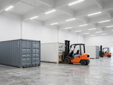 Wide-angle view of a modern, organized warehouse interior with multiple shipping containers being loaded, clean concrete floor, bright overhead lighting, a forklift in motion, focus on efficiency and scale.