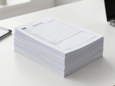 Neatly stacked customs paperwork and shipping manifests on a clean desk, a pen and a tablet nearby, bright office environment, focus on organized documentation.