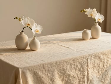 Minimalist baby shower table with soft ivory linen, delicate white orchids in ceramic vases, and warm golden lighting, editorial style