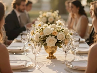 High-end private dinner gathering, architectural floral centerpiece, warm lighting, luxurious crystal glassware