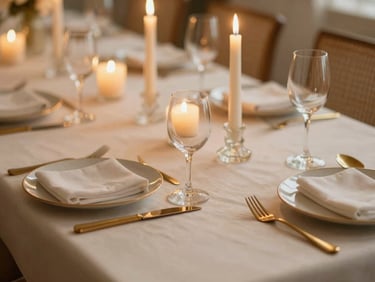 An elegant intimate birthday dinner table, glowing candles, dark gold cutlery, sophisticated atmosphere, shallow depth of field