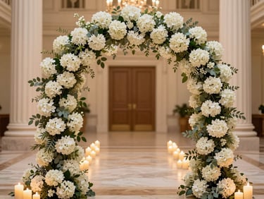 Premium editorial photography, soft candlelight, an architectural floral arch made of white hydrangeas and eucalyptus in a grand luxury hall, 35mm