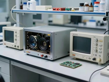 A clean laboratory bench with high-performance computational hardware, oscilloscope, and microchips under cool clinical daylight.