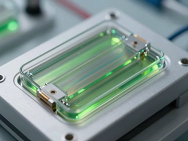 Close-up of a microfluidic lab-on-a-chip device, clear channels with green fluorescent liquid, clinical daylight, technical precision.