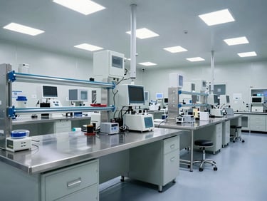 Wide environmental shot of a cleanroom laboratory facility with stainless steel workbenches, cool white clinical lighting, and structured technical equipment.