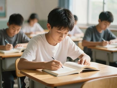 A focused student reading a book at a wooden desk in a sunlit classroom, warm natural daylight casting soft shadows, candid 35mm photography with shallow depth of field.
