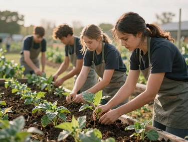 A local community garden with volunteers tending to green plants under a soft morning sun, warm natural tones, authentic human engagement, candid perspective.