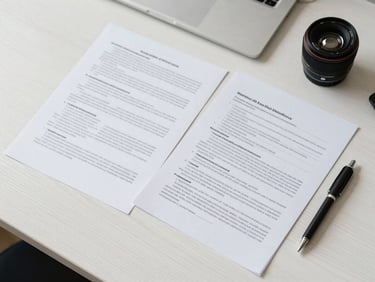 Overhead flat lay of neatly organized printed documents, a black pen, and a clean workspace on a white wooden table in bright natural daylight.