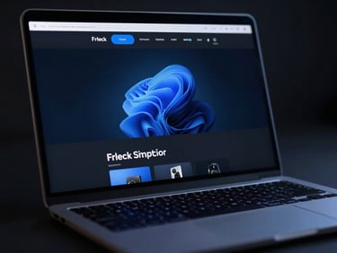 Sleek dark-mode ecommerce website mockup on a laptop screen, glowing electric blue accents, sharp macro focus