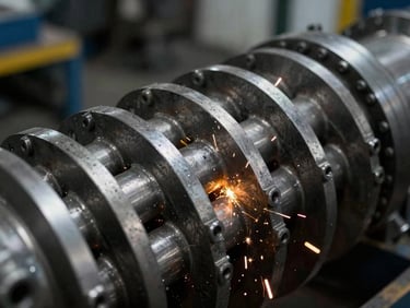Close-up of a complex tube sheet being installed into a heat exchanger, high-contrast workshop lighting, detailed, 35mm
