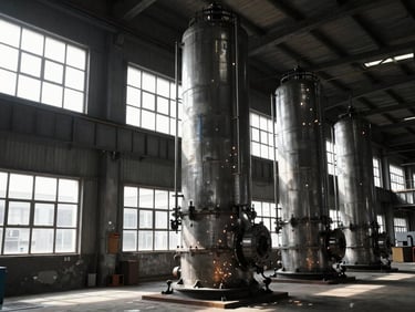 Tall, large-diameter steel distillation tower section on a shop floor, natural light streaming through high factory windows, wide environmental shot, 35mm