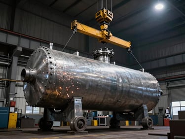 Massive steel pressure vessel being lifted by a heavy crane in a fabrication bay, high-contrast workshop lighting, raw steel, 35mm