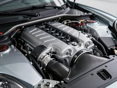 Tight macro shot of a modern Porsche engine bay, clean metallic components, carbon fiber intake, crisp studio lighting, 35mm lens