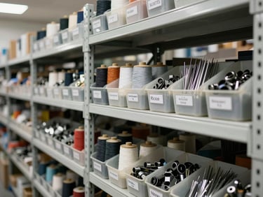 Warehouse shelving with organized industrial sewing machine spare parts — bobbins, presser feet, couplers, and needles in labeled bins under bright overhead lighting, stock clearly visible