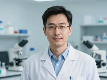Professional headshot of a male researcher in a clean lab setting, soft blue background, bright natural daylight, 35mm