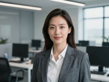 Professional headshot of a female engineer in a modern workspace, cool slate tones, sharp focus, 35mm