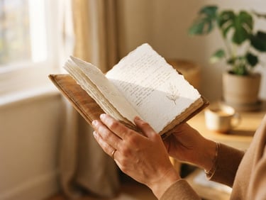 Warm editorial photography of hands holding a physical textured paper journal, soft golden-hour window daylight, minimalist composition, 35mm