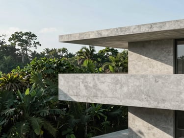 Minimalist concrete architecture overlooking lush green jungle canopy in Tulum, soft morning light, clean lines