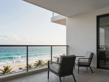 Contemporary apartment balcony with ocean breeze in Playa del Carmen, minimalist outdoor furniture, soft morning sun