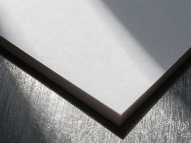 Macro shot of premium matte paper collateral resting on brushed metal, sharp high-contrast architectural shadows, cool diffused light.