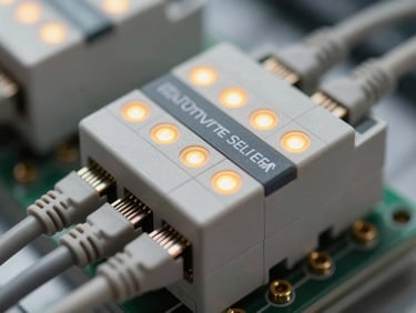 Extreme close-up macro shot of clean industrial PLC modules with glowing amber status LEDs, organized gray communication cables, sharp technical focus, clean industrial tech aesthetic.