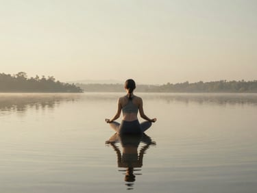 A calm person meditating by a tranquil lake at sunrise, reflecting inner peace and harmony, warm editorial photography, soft natural daylight, muted sage and sand tones, atmospheric, serene landscape, 35mm lens