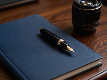 Detalle macro de un documento ejecutivo firmado con una pluma fuente de lujo sobre una mesa de caoba pulida, iluminación de claroscuro, tonos azul marino y bronce, 35mm lens.