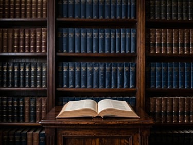 Una imponente biblioteca jurídica de élite con estanterías de madera oscura y volúmenes encuadernados en cuero, iluminación dramática de claroscuro, enfoque en un libro antiguo abierto sobre un atril de madera, 35mm lens.