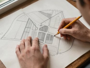 Overhead study of hands tracing a hand-drawn map of agricultural plots on aged paper, a pencil resting at the edge, diffuse natural window light from the left, fine detail of contour lines visible