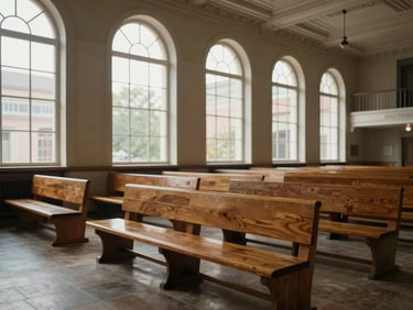 Ground-level view of a regional government hall interior — empty wooden benches, tall arched windows letting in diffuse north light, stone floor, no people, architectural detail showing the weight of civic space