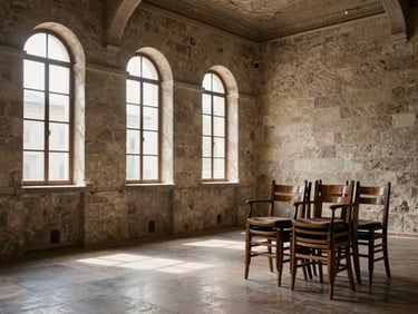 Interior of an empty stone-walled Italian cultural hall, tall arched windows letting in clear north light, wooden chairs stacked to one side, sense of gathering potential, no people
