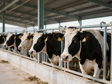 Healthy dairy cattle in a clean, modern Azerbaijani farming facility with bright natural daylight